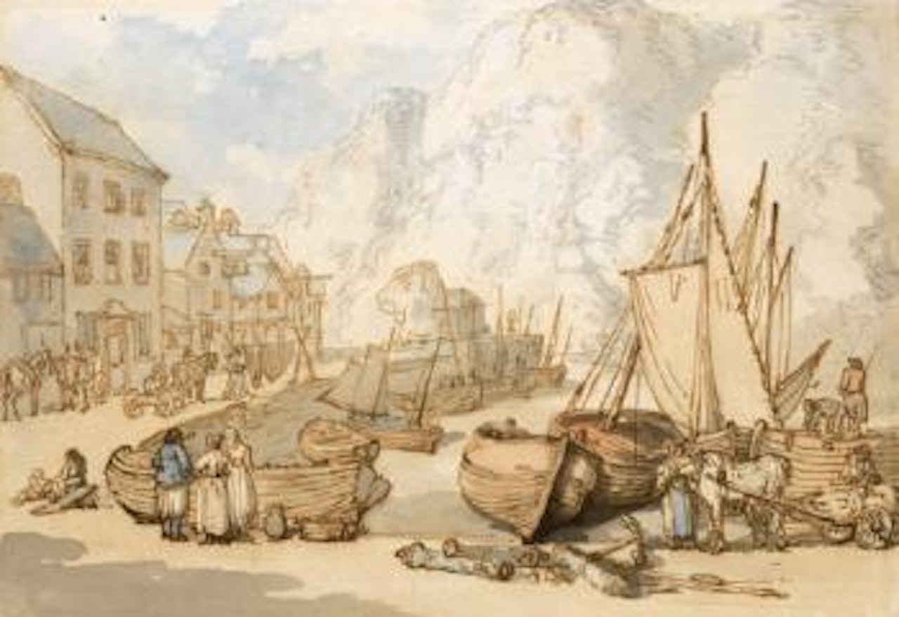 Fishing Boats At Low Tide In a Harbour, Possibly Port Isaac, Cornwall by Thomas Rowlandson