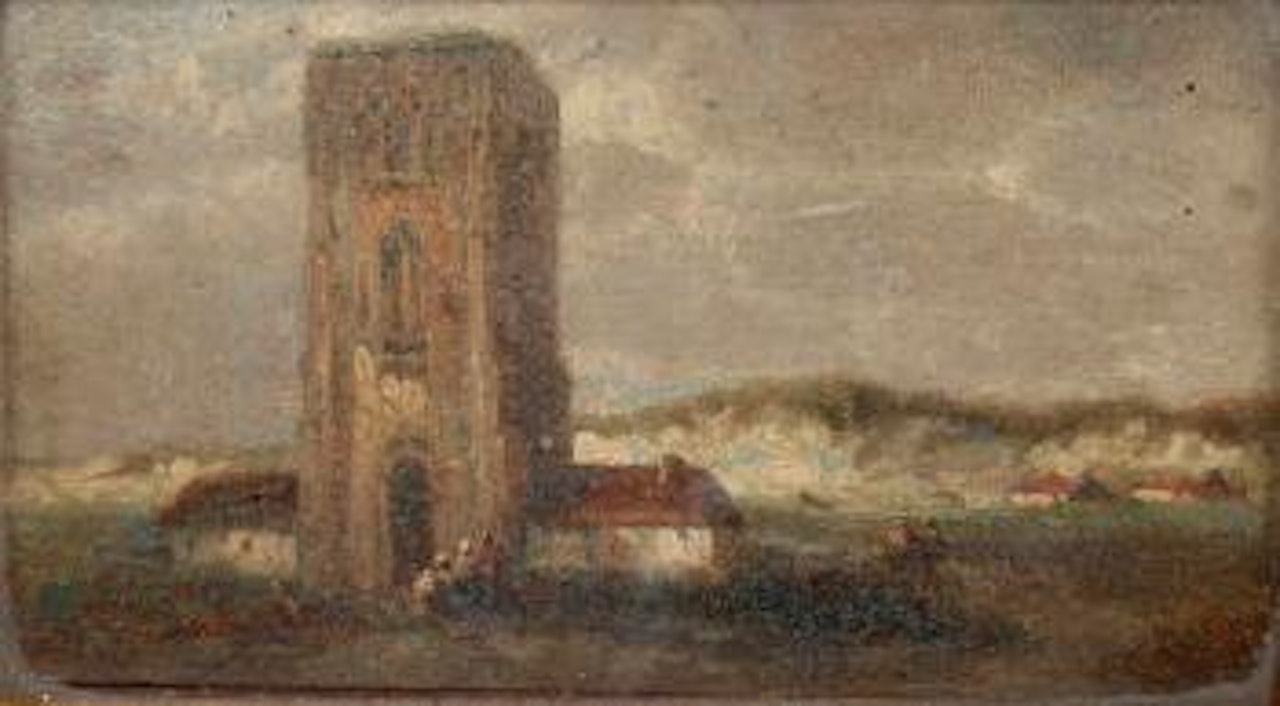 Figures beside a coastal church by François Etienne Musin