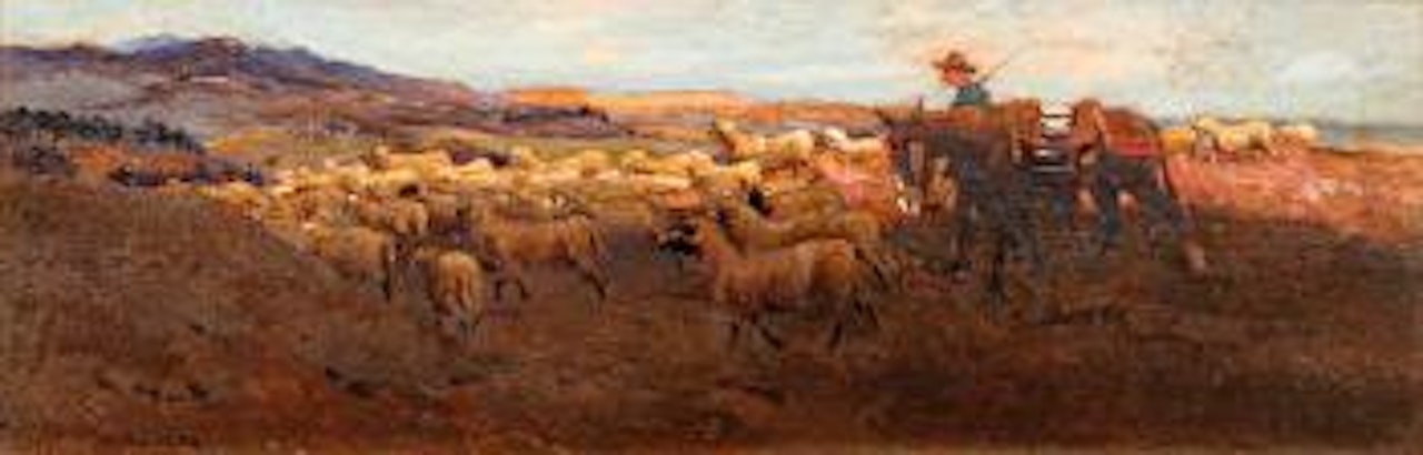 Drover with mule and sheep in an extensive landscape by Frank Dean