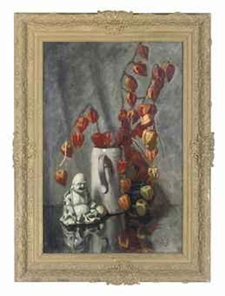 Chinese lanterns in a jug and a buddha by Continental School