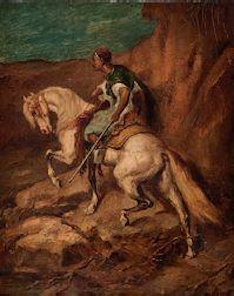 Kabyle auf einen Schimmel, einen steilen Hang hinauf reitend by Adolf Schreyer