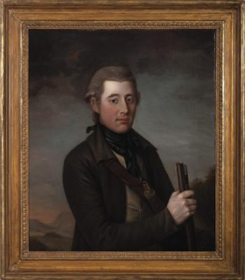 Portrait of a huntsman with musket and powder horn by William Hoare of Bath
