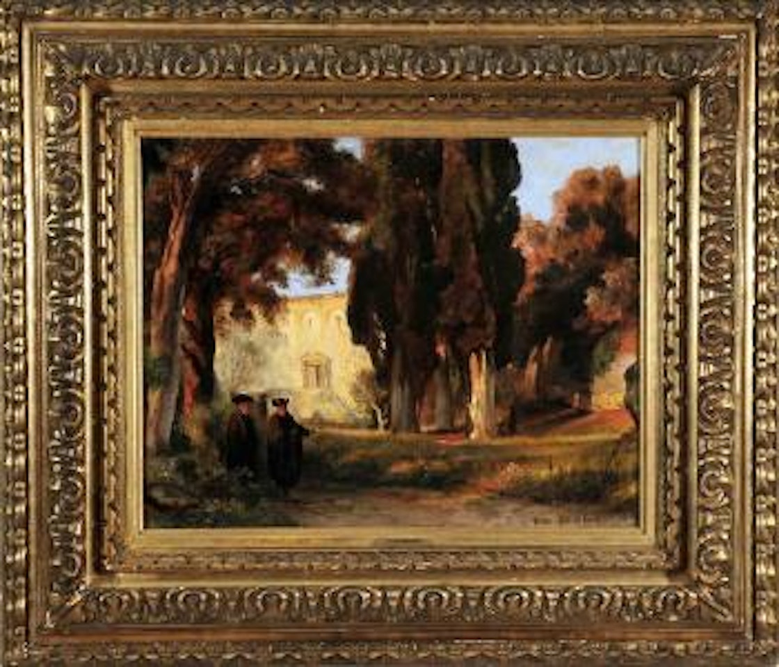 Zwei Mönche im Zypressenhain des Klostergartens by Oswald Achenbach