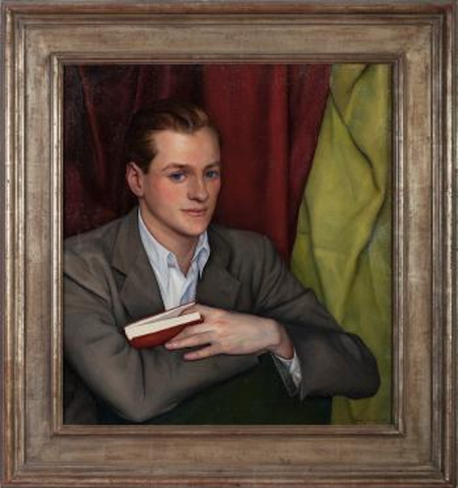 Portrait of a young man holding a red book by Luigi Lucioni