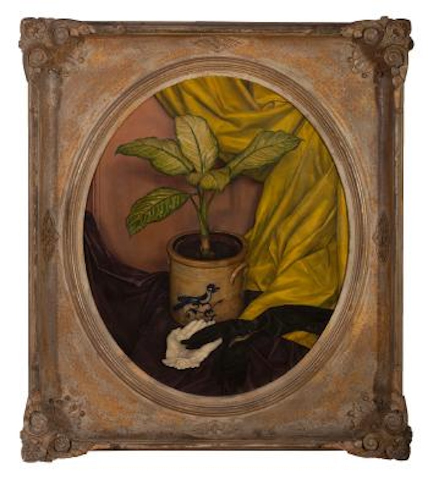 Still life with stoneware crock, black gloves and white marble hand by Luigi Lucioni