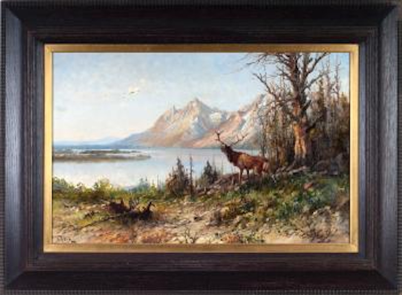 Western mountain lake with elk by John Fery
