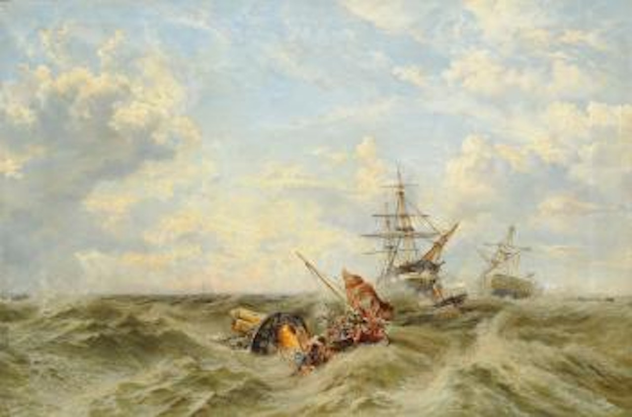 Stormy seascape with figures being rescued from wreckage by Keeley Halswelle