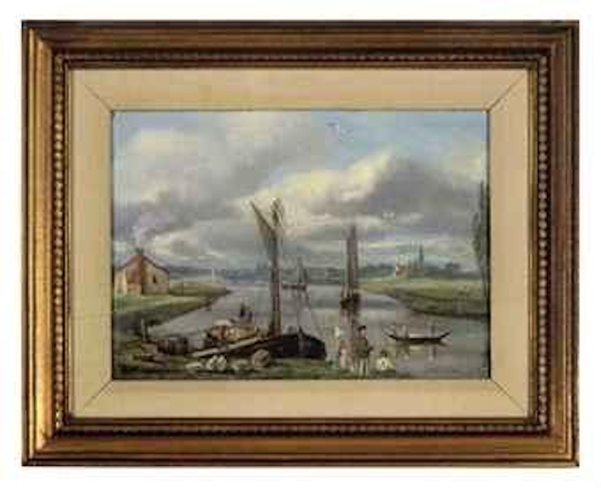 A Dutch river landscape with sailing boats by Augusto Chartrand
