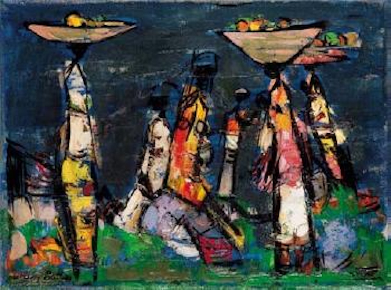 Figures with baskets of fruit by Walter Battiss