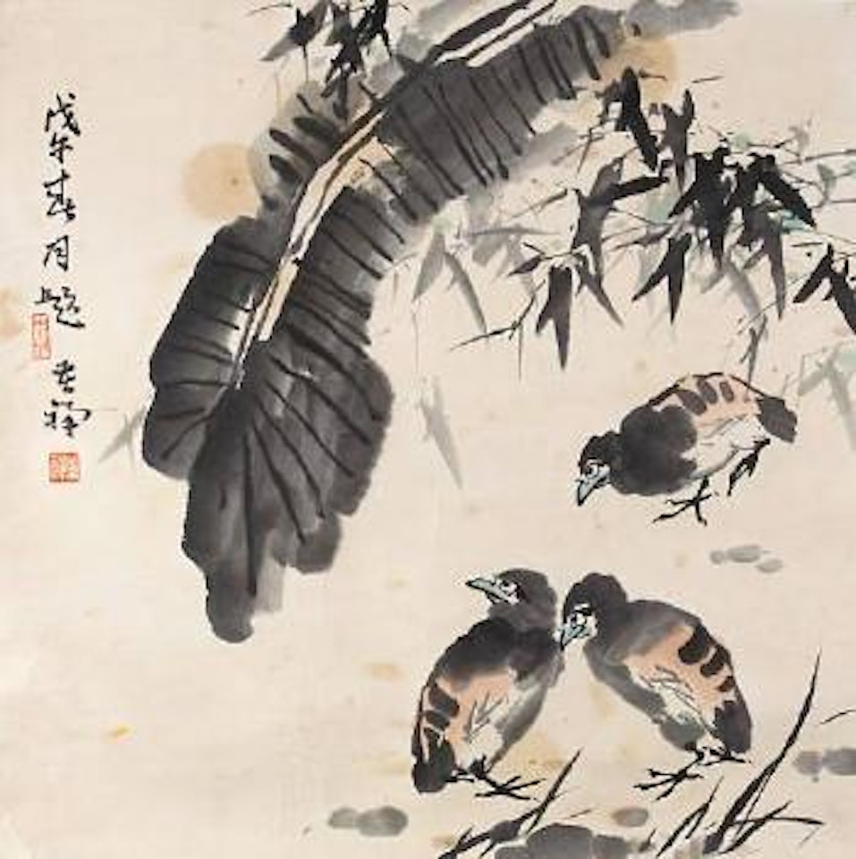 Birds under banana leaf by Li Kuchan