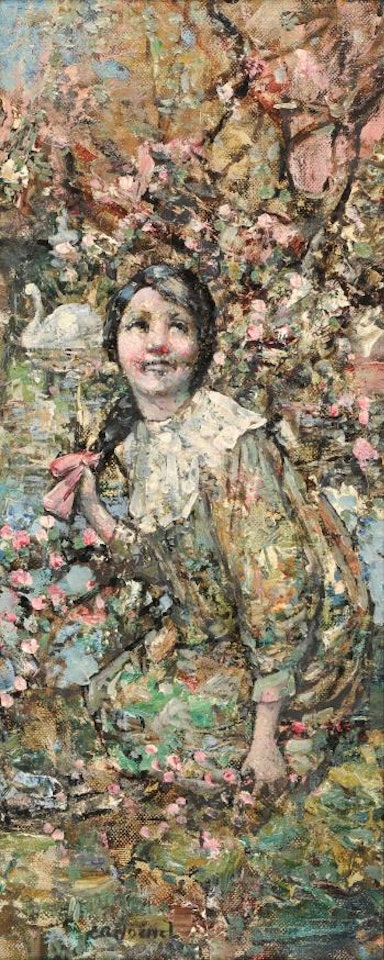 Girl kneeling beside a stream by Edward Atkinson Hornel