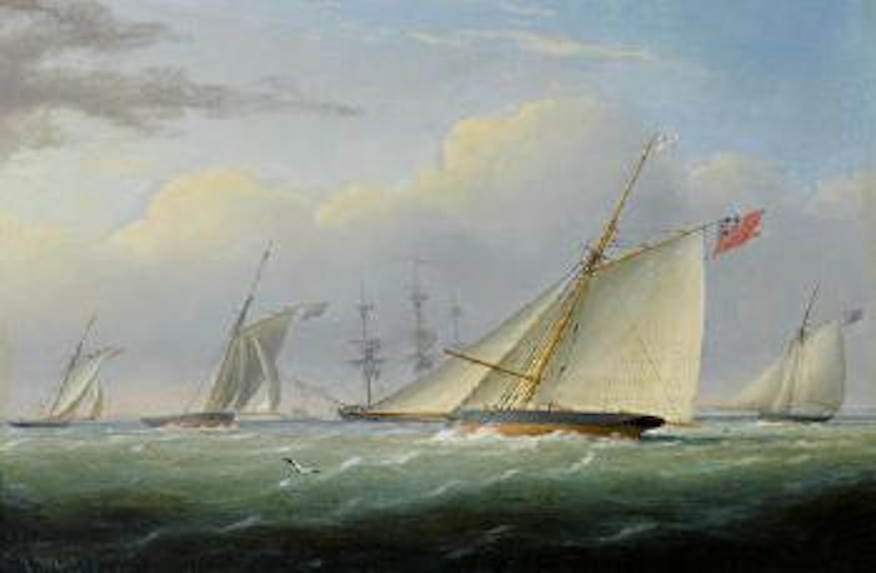 Racing cutters of the Royal Yacht Squadron jockeying for position in the Solent by Joseph Walter Of Bristol