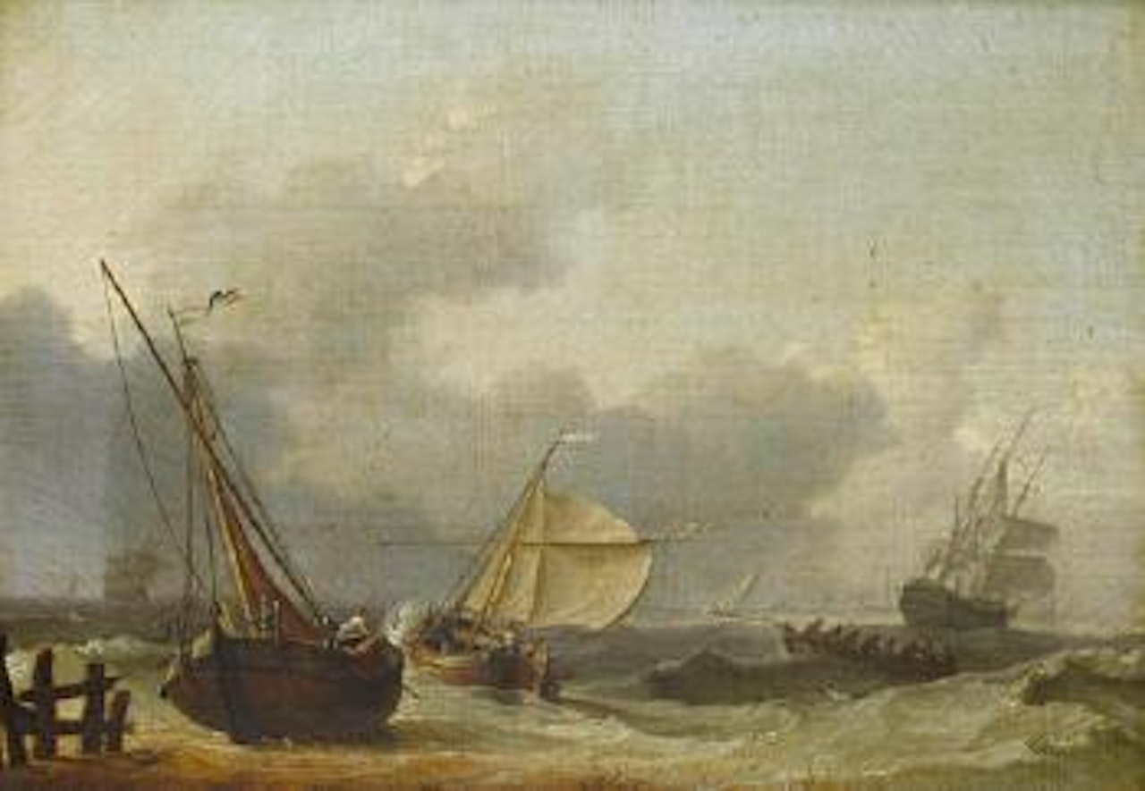 A squall off the Dutch coast, with small craft and mon-o'war running for shelter by Charles Martin Powell
