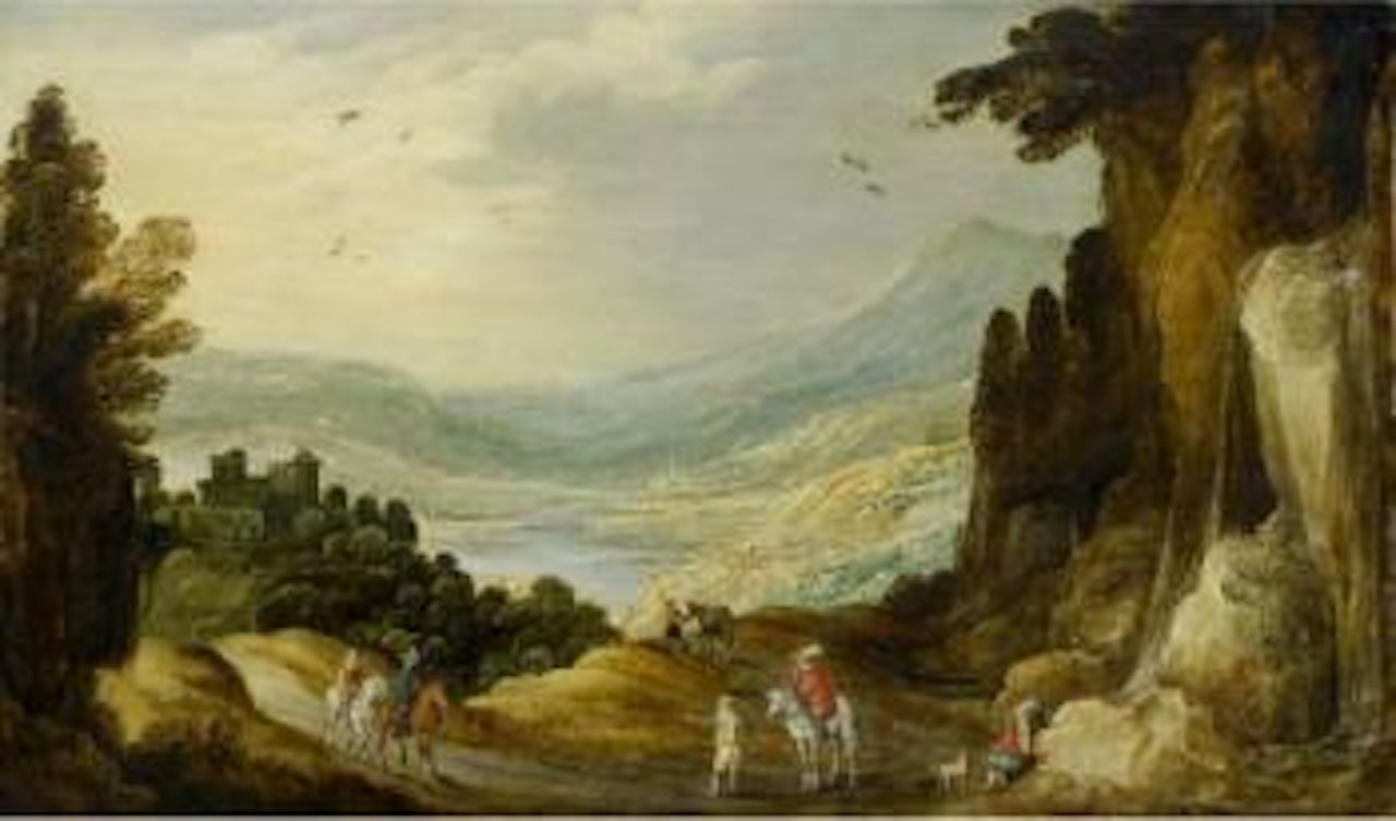 Rider before a broad landscape with waterfall by Joos de Momper the Younger
