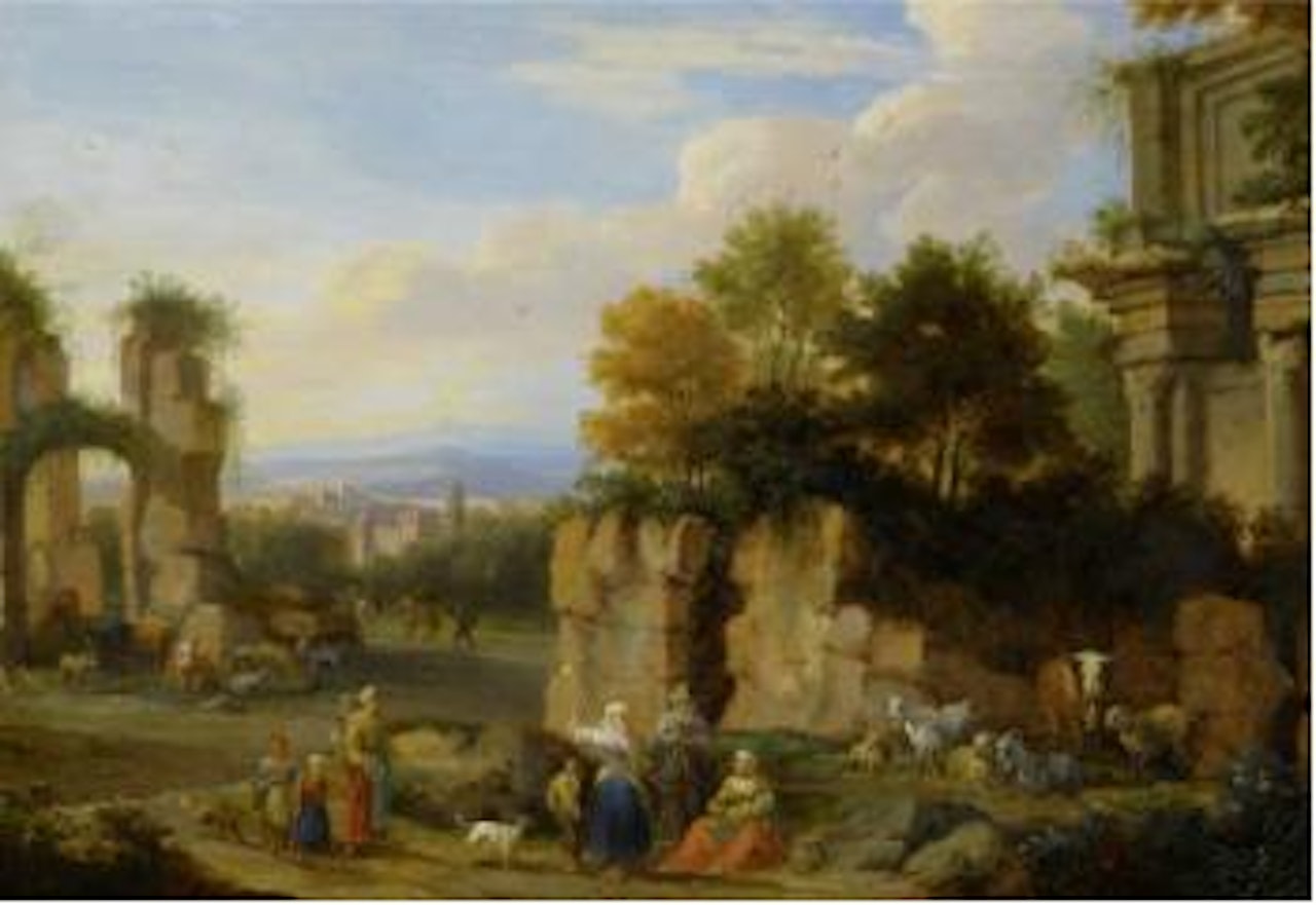 Southern landscape with figures resting before an antique temple with a city in the background by Adriaen Frans Boudewyns by Pieter Bout