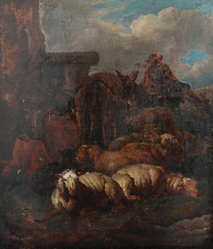 Shepherd with sheep, cow and donkey resting by a ruin by Pieter van Bloemen