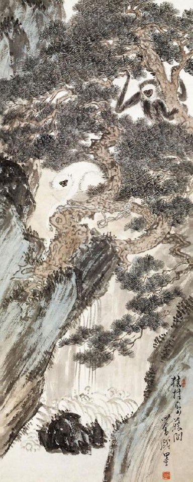 Playing monkeys in pine tree by Pu Ru