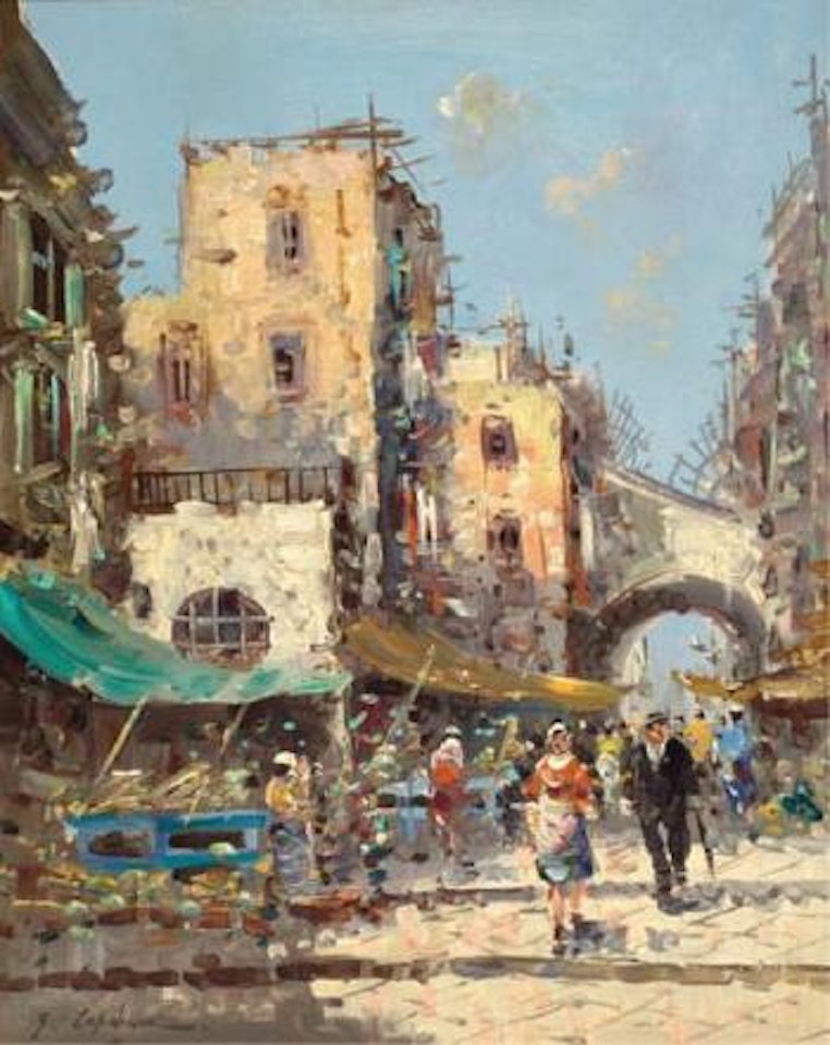 Village scene with market by Georgij Aleksandrovic Lapschin