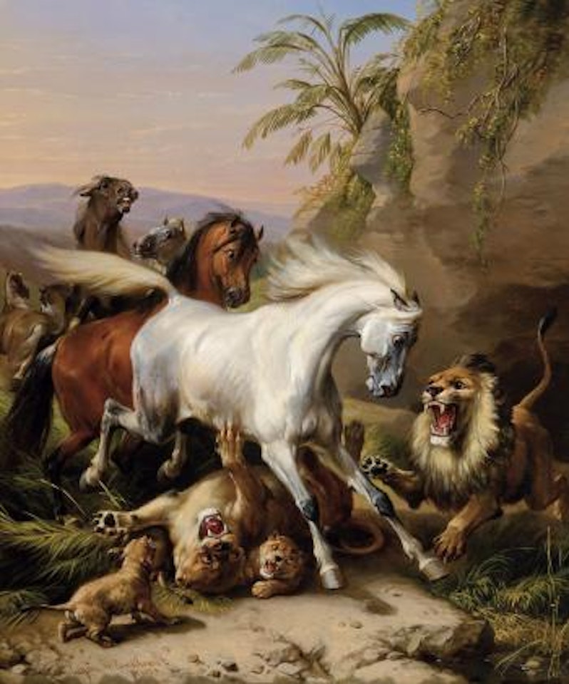 Chevaux arabes et lions dans un paysage oriental by Eugène Joseph Verboeckhoven