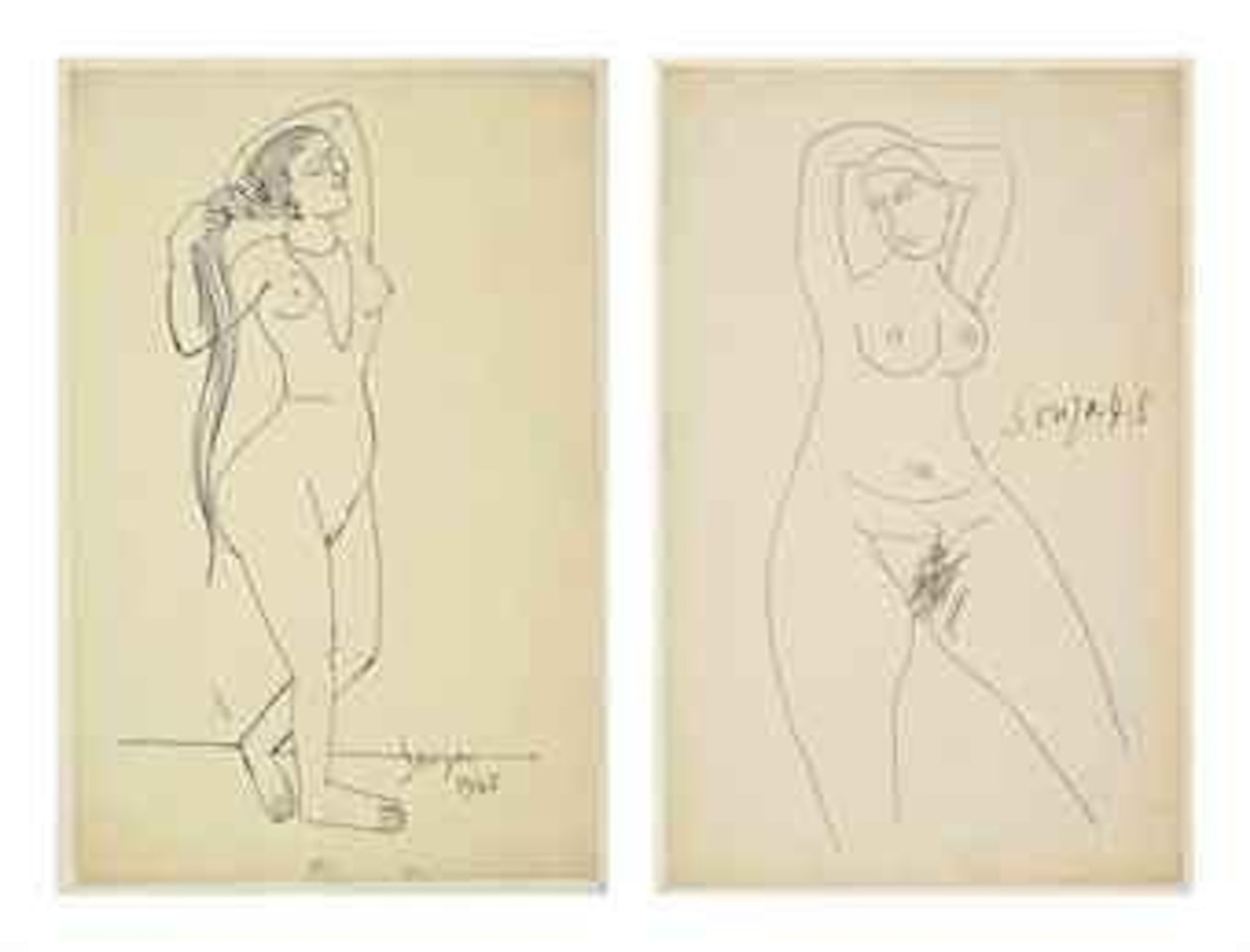 Untitled (Standing Nude with Long Hair); Untitled (Standing Nude with Arms Raised) by Francis Newton Souza