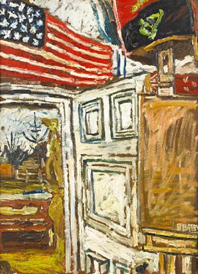 Flags, easel and canvas by John Bratby