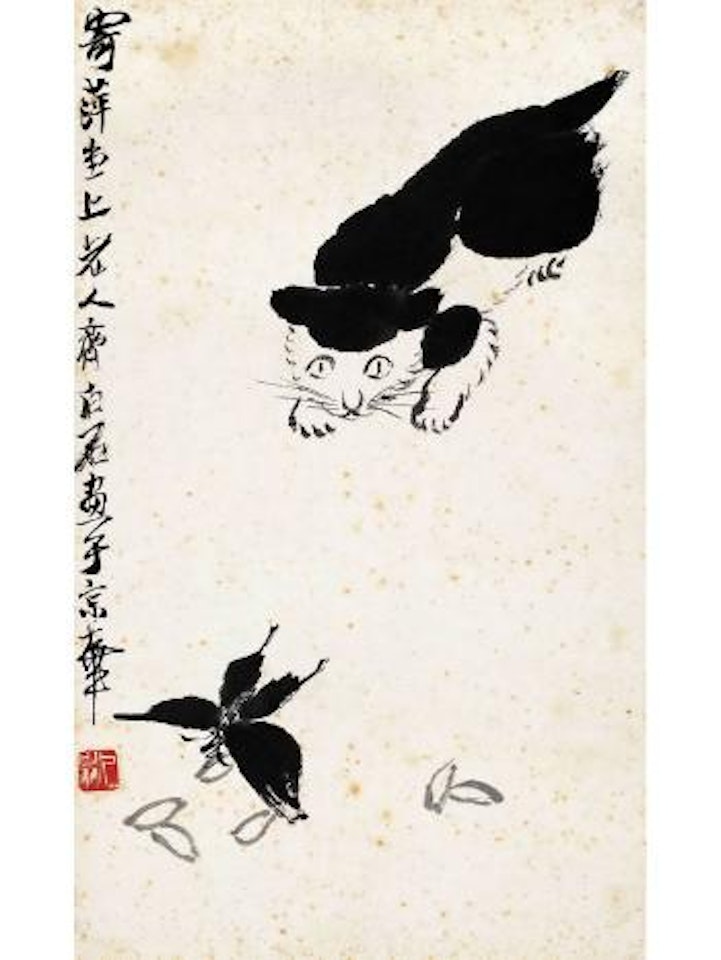 Cat staring at the butterfly by Qi Baishi