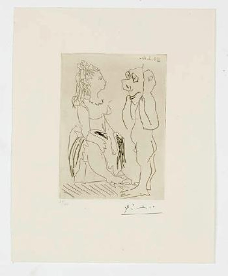 Homme debout avec masque devant femme assise by Pablo Picasso