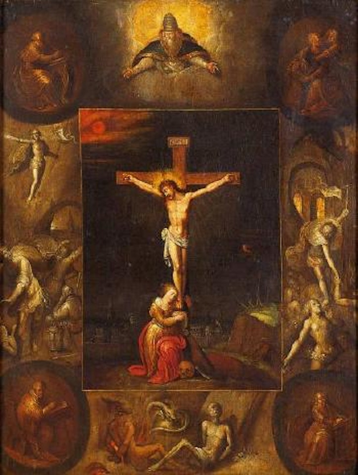 Cristo Crucificado con una grisalla alrededor representando a Dios Padre, los 4 evangelistas, la Resurrección, La bajada al limbo, y el diablo y la muerte con la serpiente by Frans Francken II
