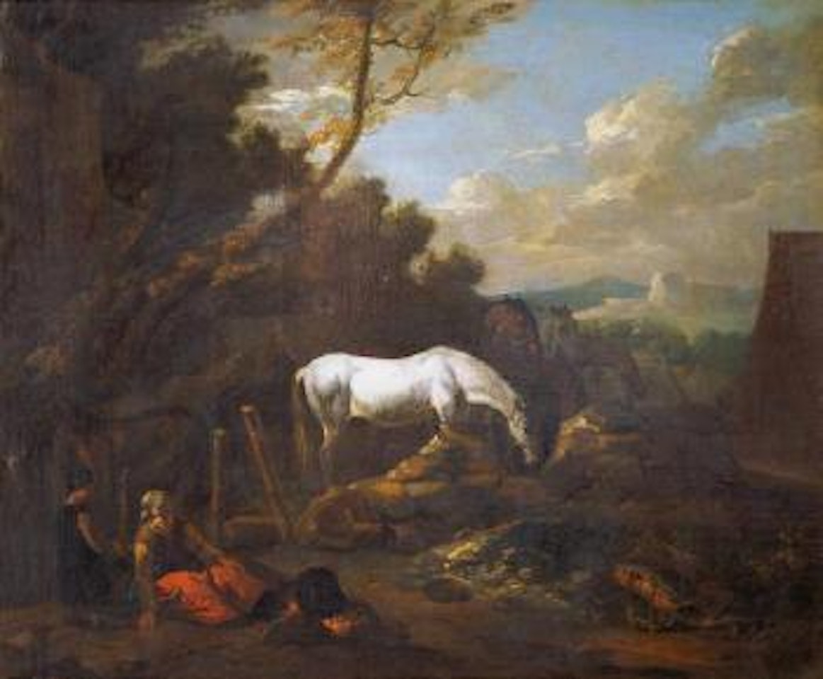 Campesina con su hijo junto a un hogar vigilando un grupo de caballos by Pieter van Bloemen