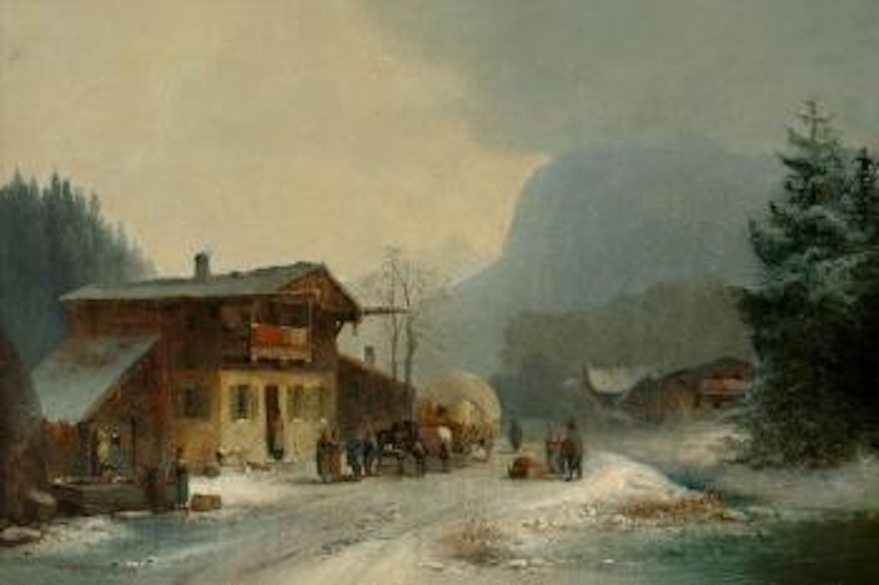 Winterliche Berglandschaft mit alter Straße und lebhaftem Treiben vor einem Gutshof by Anton Doll