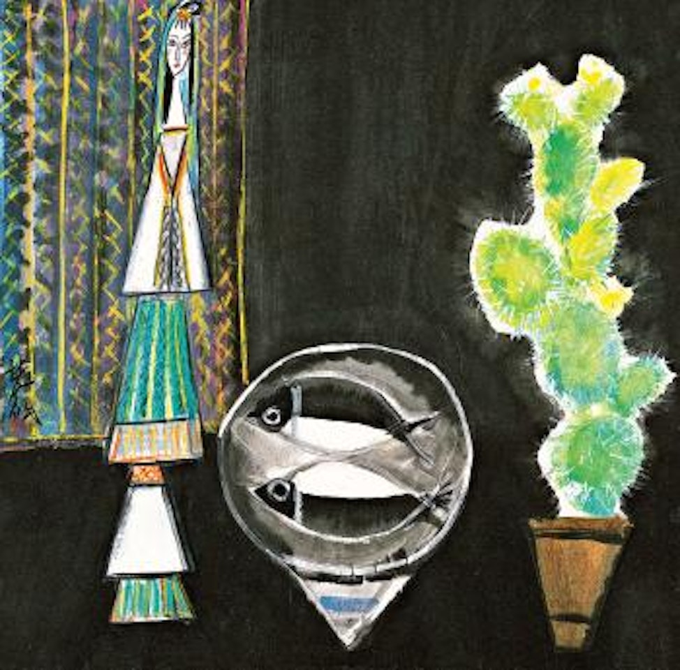 Still life, figure, fish, cactus by Lin Fengmian
