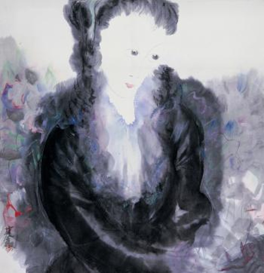 Lady in a flower garden by Lin Fengmian