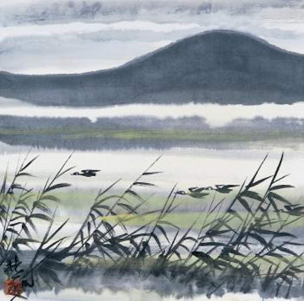 Flying birds upon reed field by Lin Fengmian
