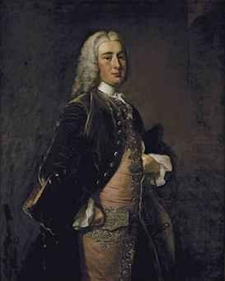Portrait of a gentleman, traditionally identified as John Perceval, 2nd Earl of Egmont (1711-1772), three-quarter-length, in a green coat and a pink embroidered waistcoat, by a pilaster by Thomas Hudson