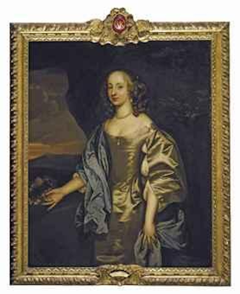 Portrait of Lady Mary O'Kenealy, three-quarter-length, in an oyster satin dress with a blue mantle, holding a garland of flowers, in a landscape by John Hayls
