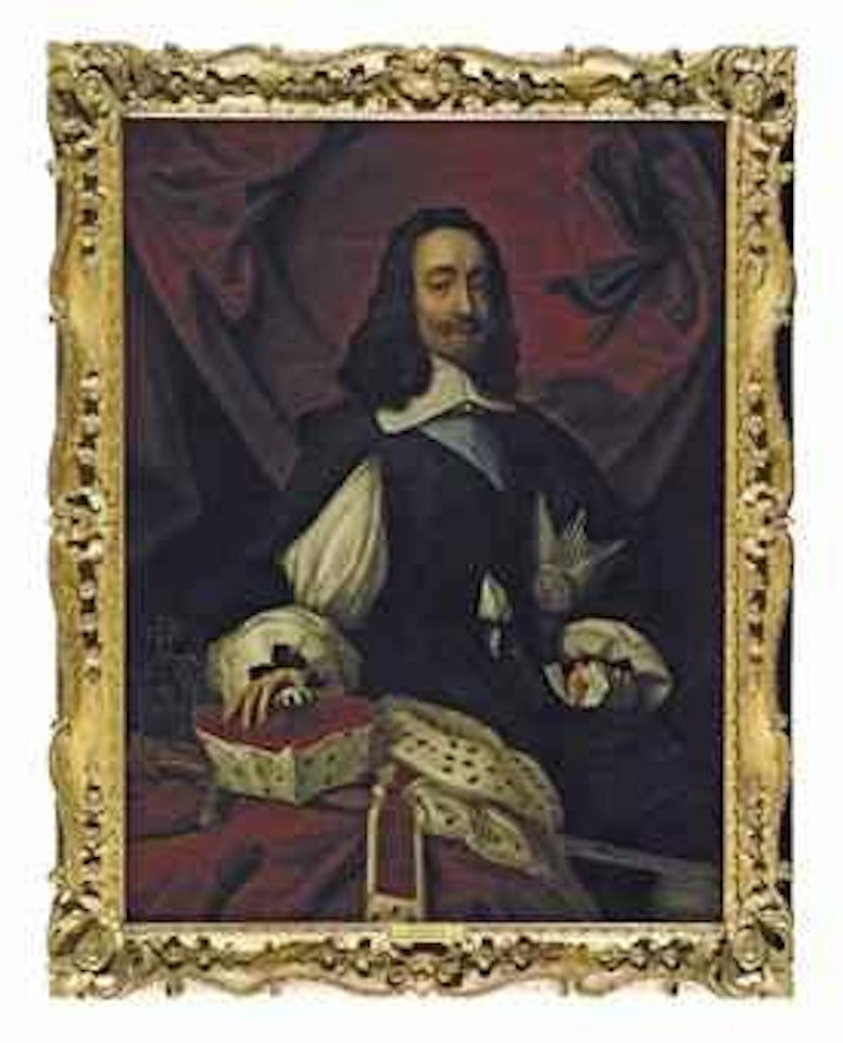 Portrait of King Charles I (1600-1649), three-quarter-length, in a black slashed doublet and white shirt, with the sash and Star of the Order of the Garter, holding a letter, his right hand on the Electoral hat of the Palatinate.. by Flemish School