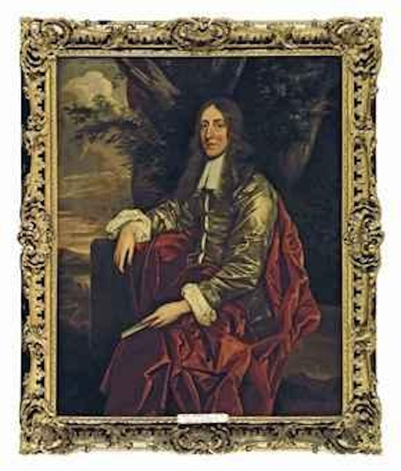 Portrait of a gentleman, traditionally identified as John Evelyn (1620-1706), diarist and writer, three-quarter-length, in a brown satin coat and a red cloak holding a letter, seated in a landscape by John Hayls
