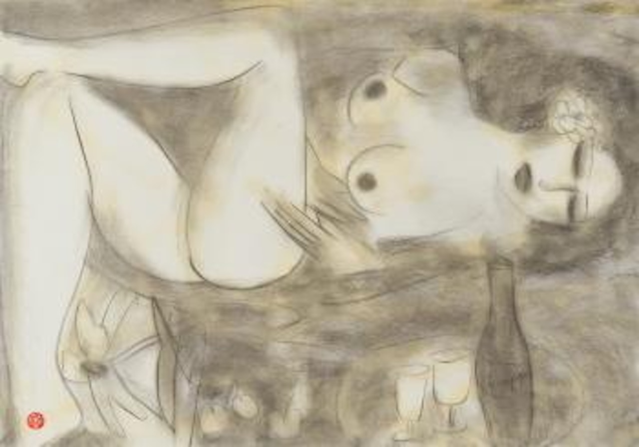 Nude with champagne bottle by Walasse Ting