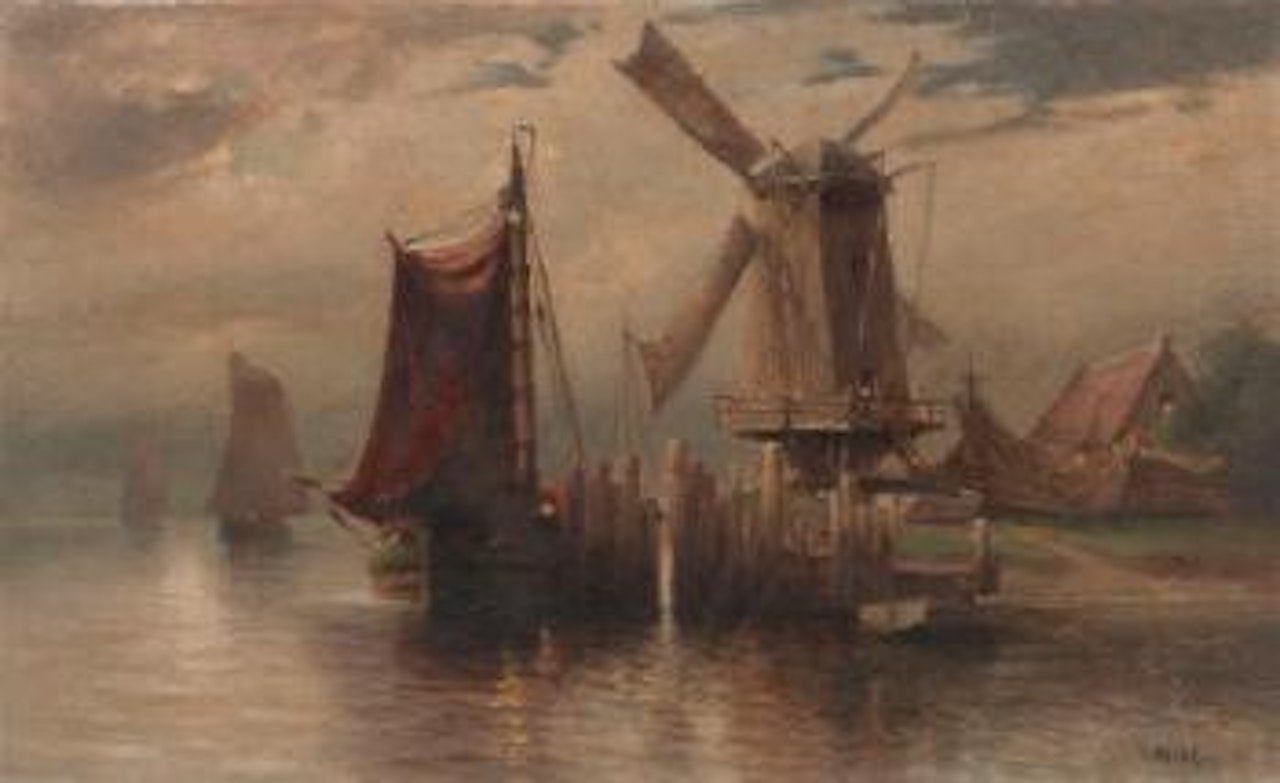 Dutch harbor with windmill by William Ritschel