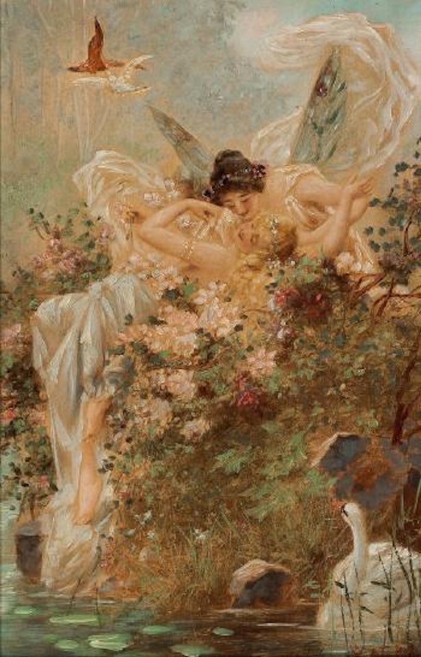 Two fairies embracing in a landscape with a swan by Hans Zatzka