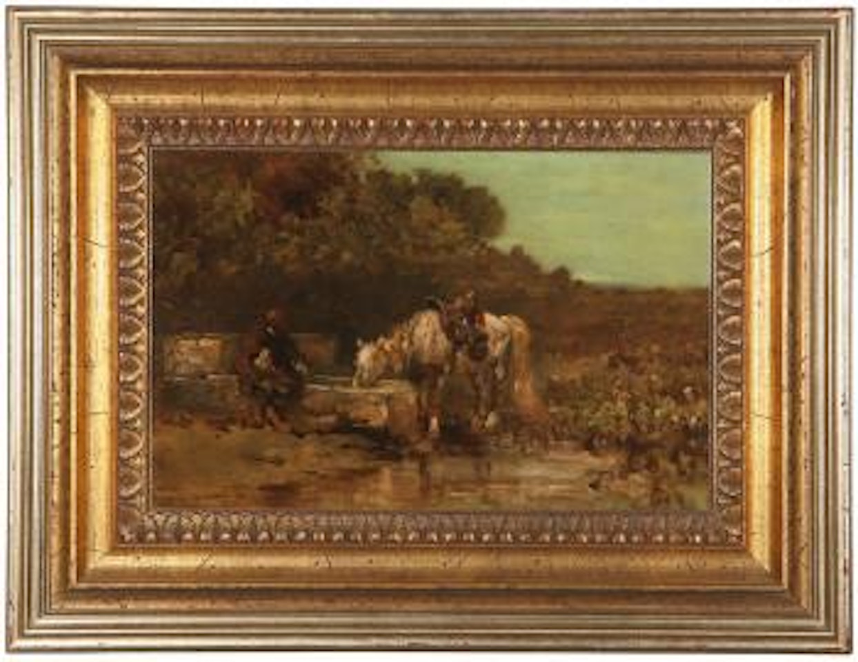 Figure seated near a horse drinking from a trough by Adolf Schreyer