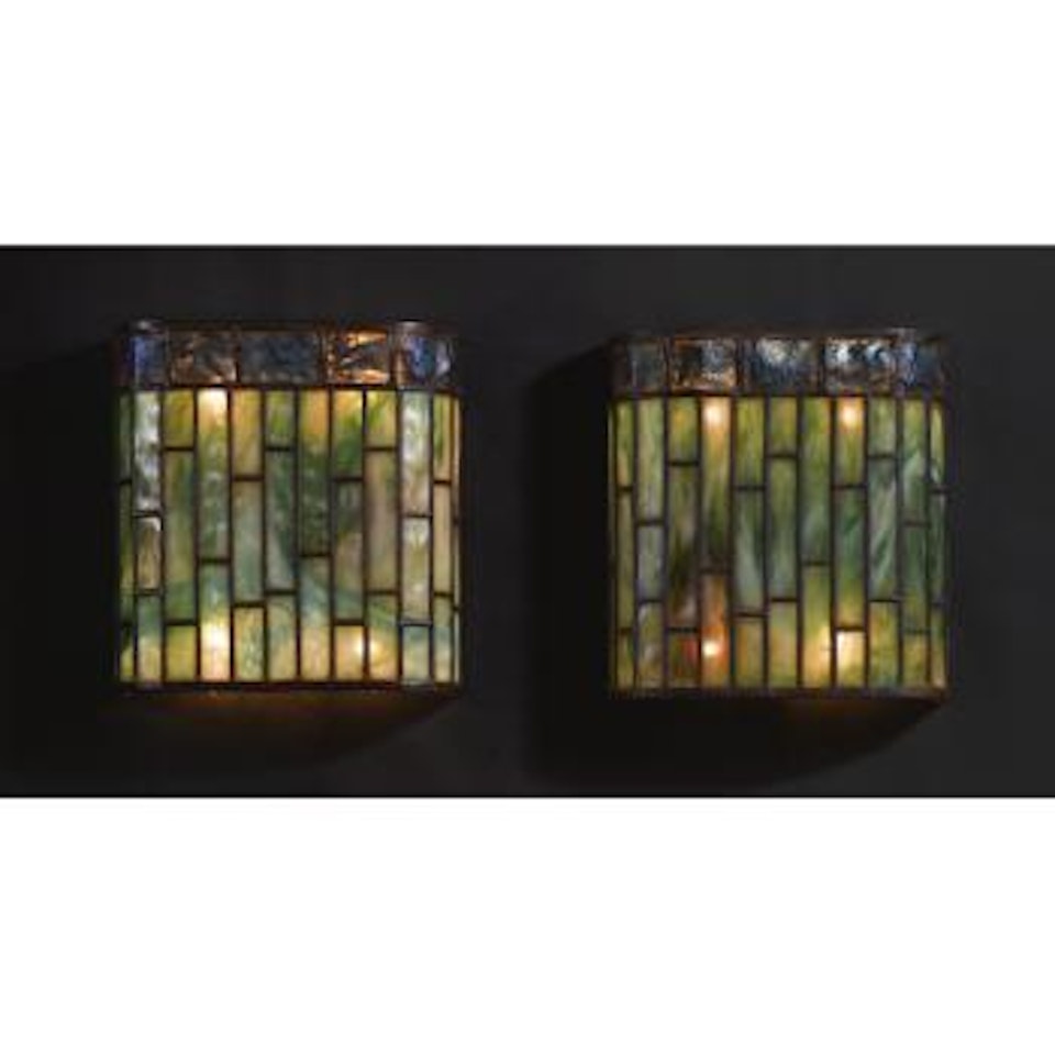 A Pair Of Geometric And Turtleback Tile Wall Sconces by Tiffany Studios