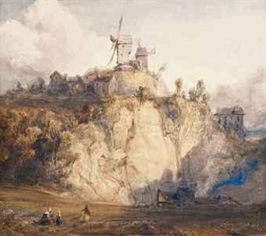 Figures in a field below a continental hilltop village with two windmills by William Callow