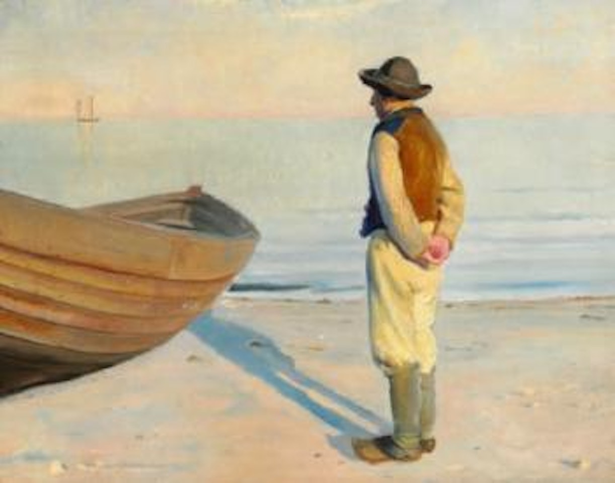 Fisherman on the beach in afternoon light by Michael Ancher