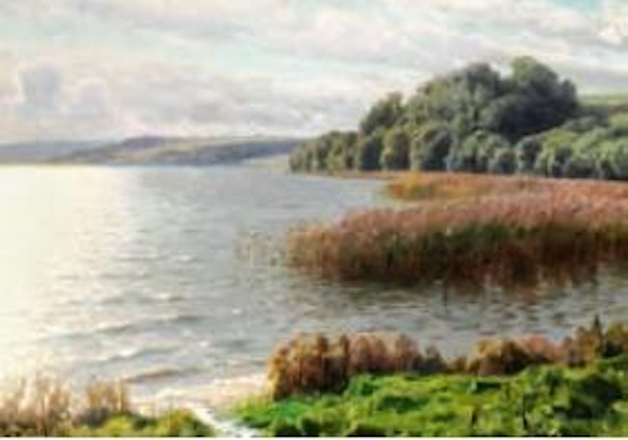 View of a lake with reflections of the sun in the water by Peder Mork Monsted