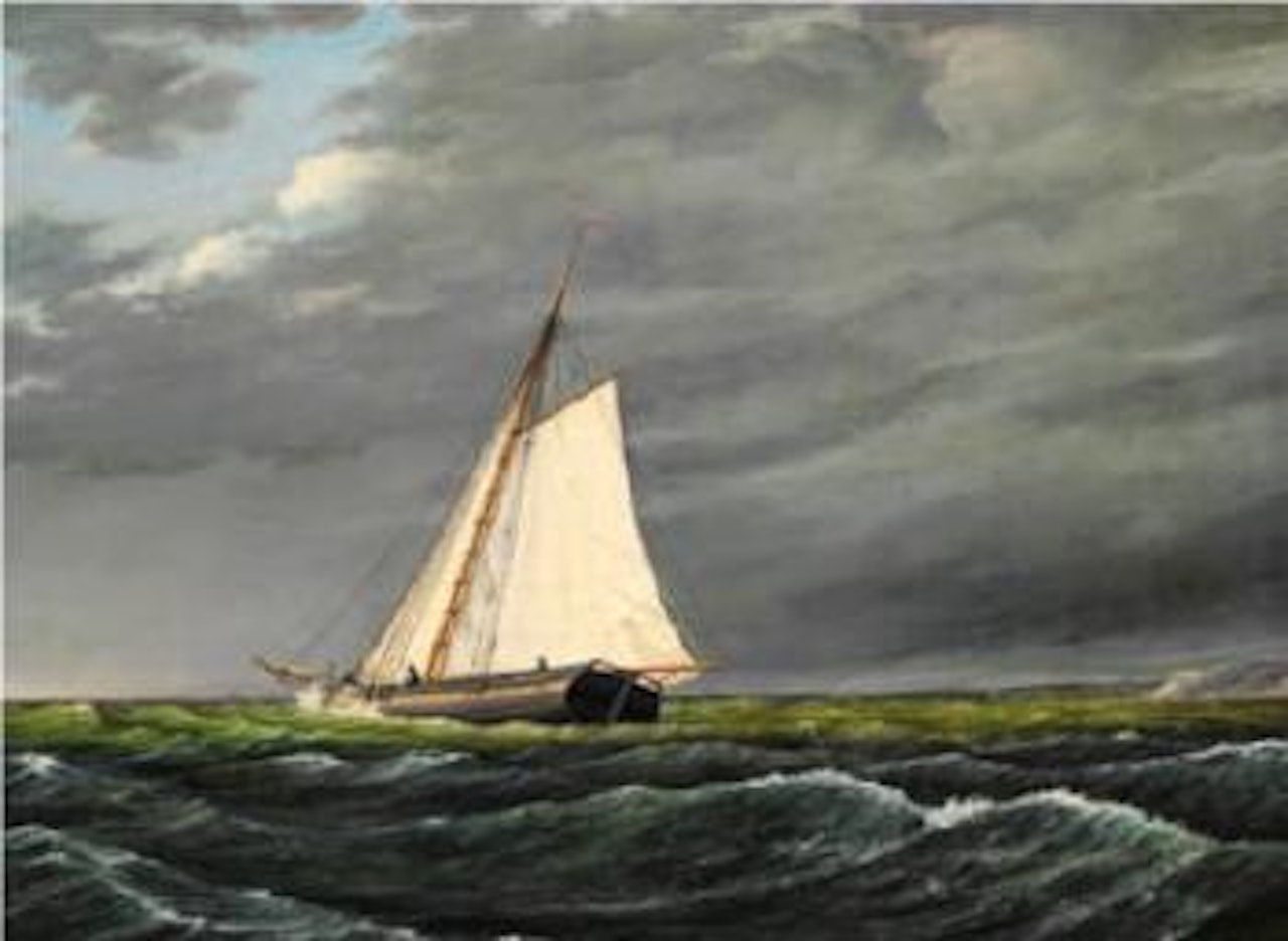 Sailing boat under a dark sky by Anton Melbye