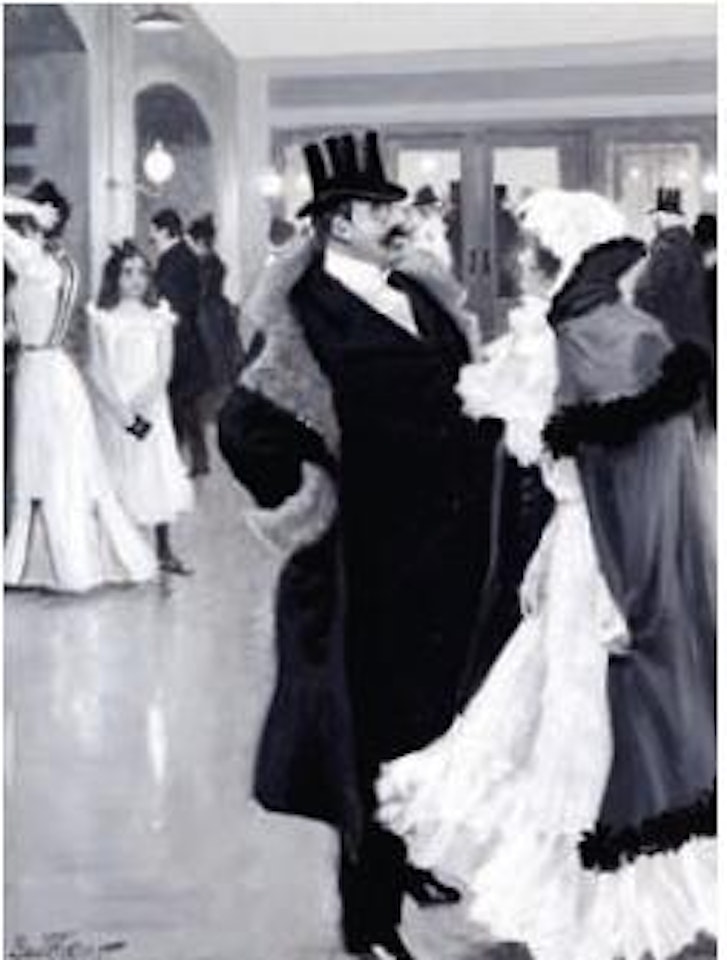 Før forestillingen - Before the show, young woman is flirting with an elegant gentleman with a top hat by Paul Fischer