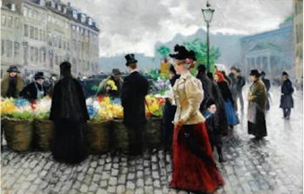 A well-dressed woman passing Højbro Plads in Copenhagen by Paul Fischer