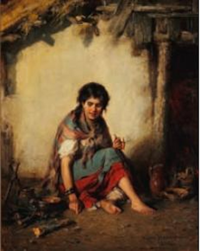 Young gypsy playing the flute. Young gypsy girl smoking a pipe by Hermann Kern