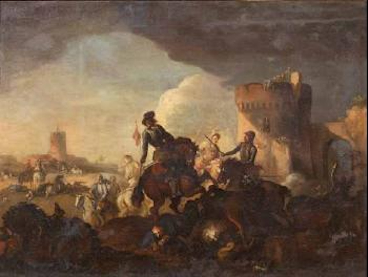 Scena di battaglia con torrione. Scena di battaglia con paesaggio marino sullo sfondo by Matthias Stom